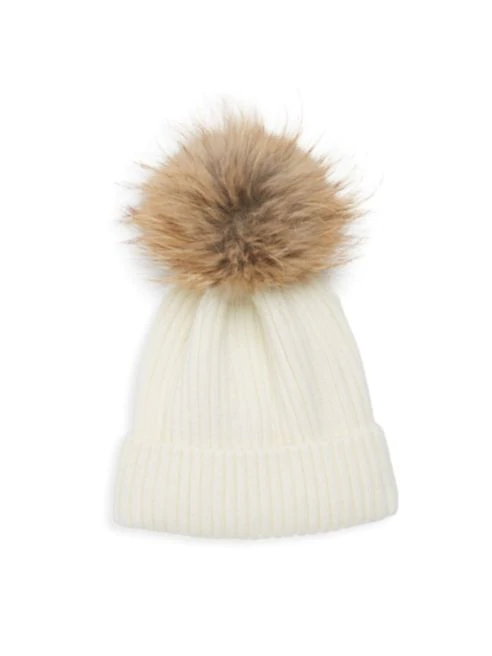 Ribbed Hat with Fur Pom Pom in Ivory